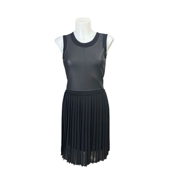 BCBG MaxAzria Black Faux‎ Leather Pleated "Cleo" Dress Fit & Flare Size XS - Picture 1 of 11
